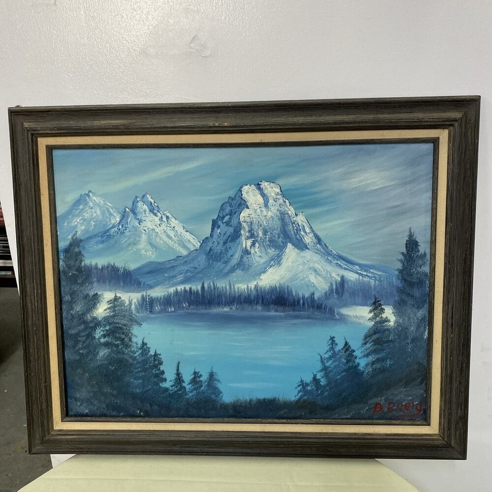 OIL BY B. BREIG SNOW CAP MOUNTAINS LANDSCAPE PAINTING 29X24”